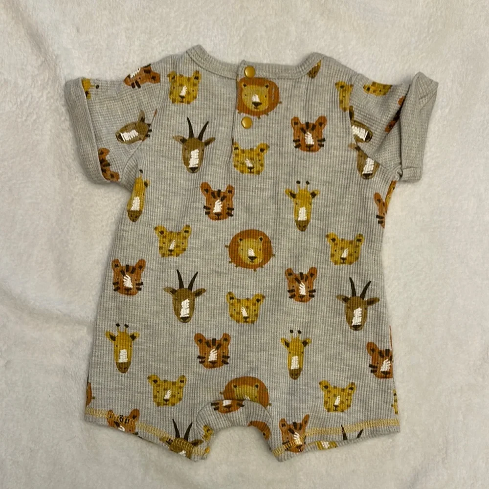 EUC Mud Pie blue gingham sports applique & grey knit safari animal rompers 3/6mo